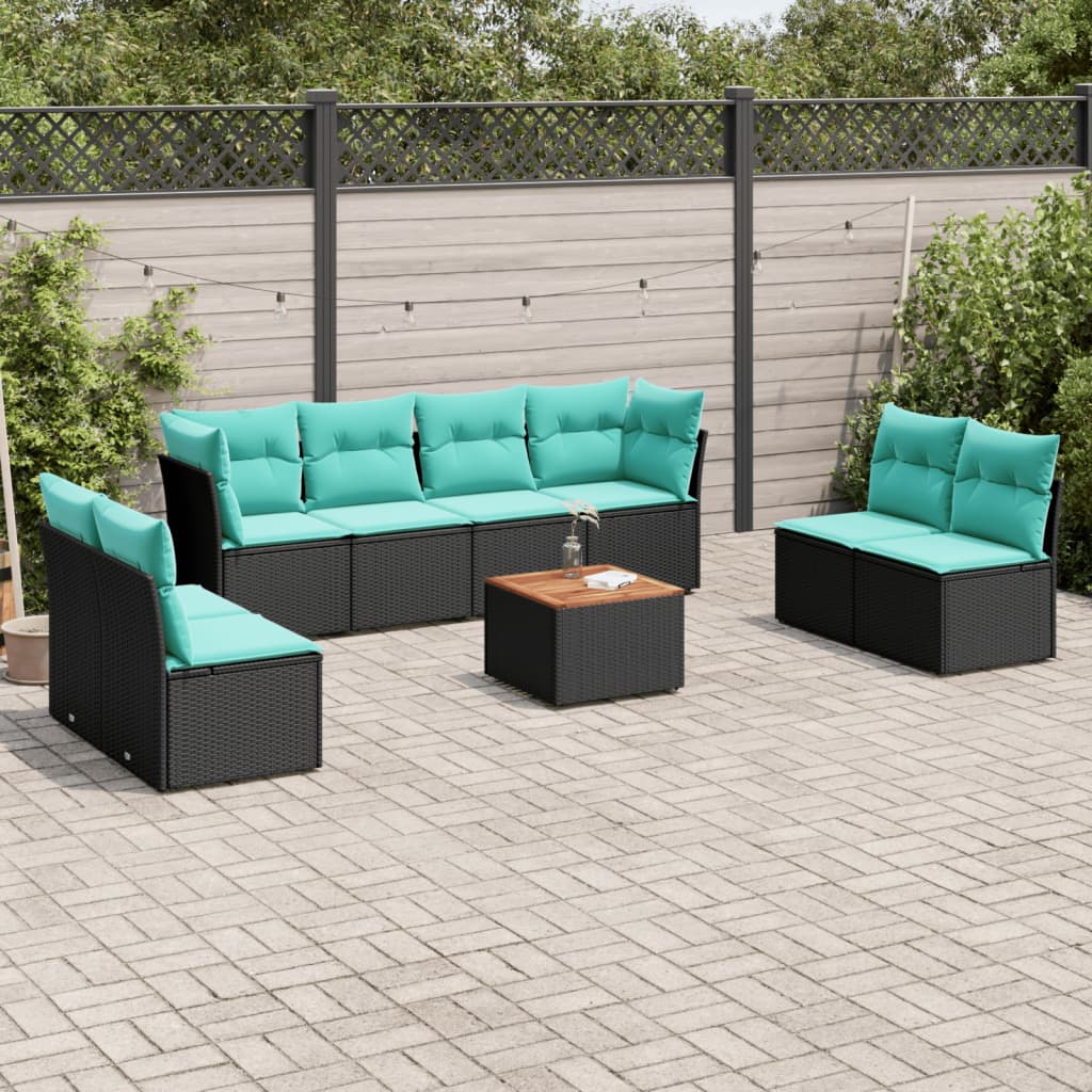 9 pcs conjunto de sofás p/ jardim c/ almofadões vime PE preto