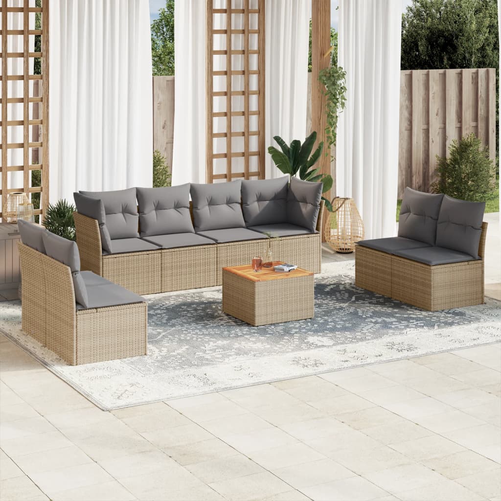 vidaXL 9-tlg. Garten-Sofagarnitur mit Kissen Beige Poly Rattan