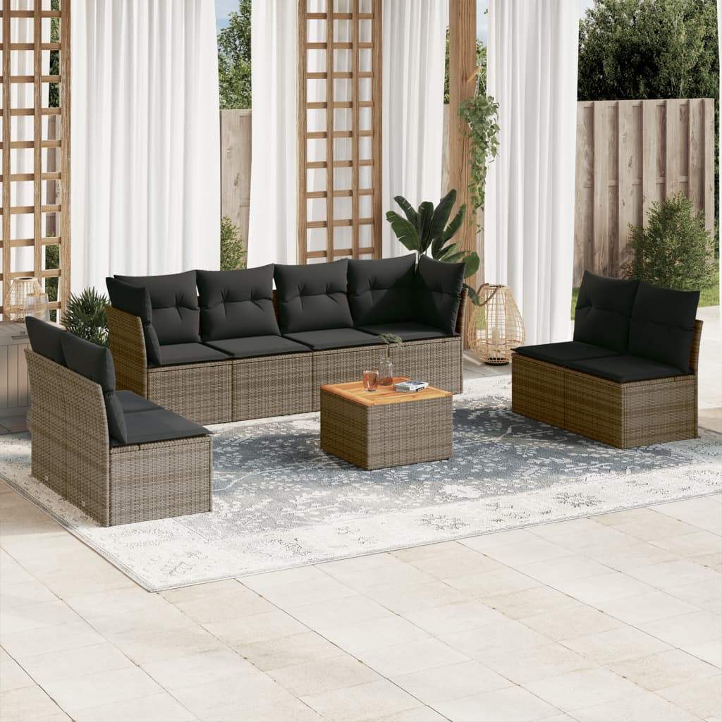 vidaXL 9-tlg. Garten-Sofagarnitur mit Kissen Grau Poly Rattan