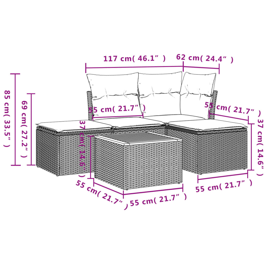 vidaXL 5-delige Loungeset met kussens poly rattan zwart afbeelding