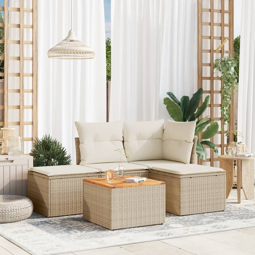 vidaXL 5-tlg. Garten-Sofagarnitur mit Kissen Beige Poly Rattan