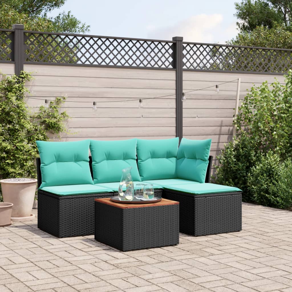 5 Piece Patio Sofa Set with Cushions Black Poly Rattan