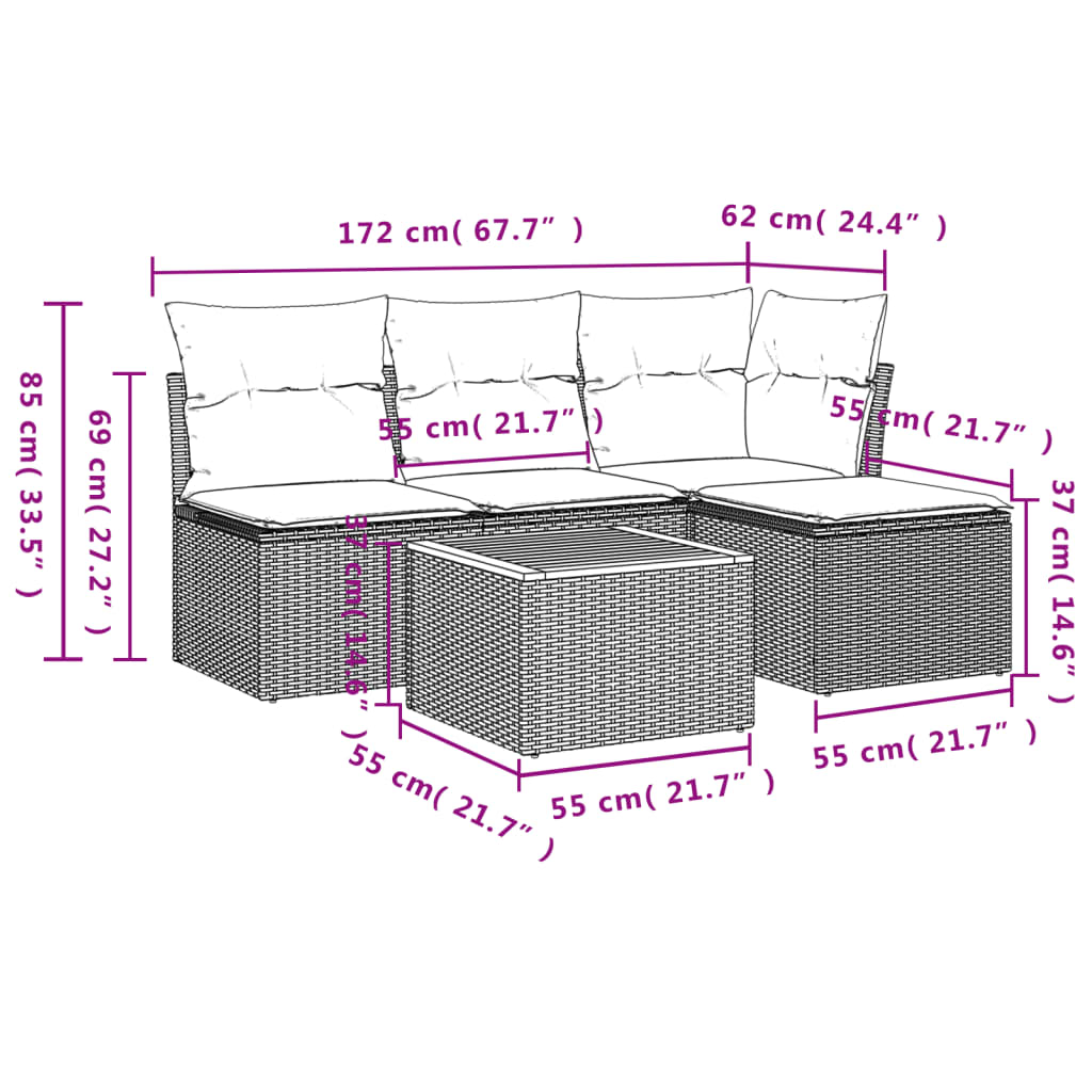 vidaXL 5-delige Loungeset met kussens poly rattan beige afbeelding