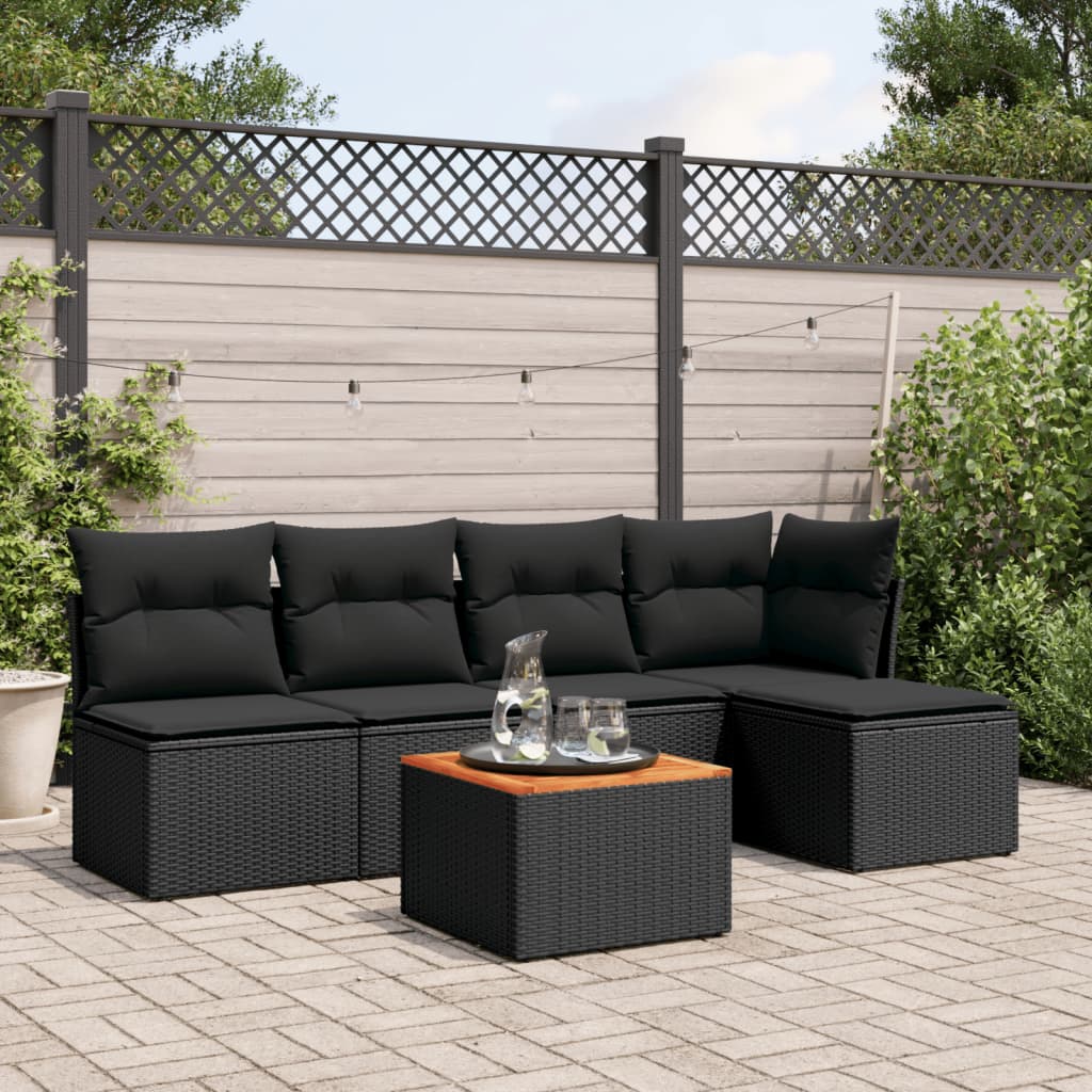 vidaXL 6-tlg. Garten-Sofagarnitur mit Kissen Schwarz Poly Rattan