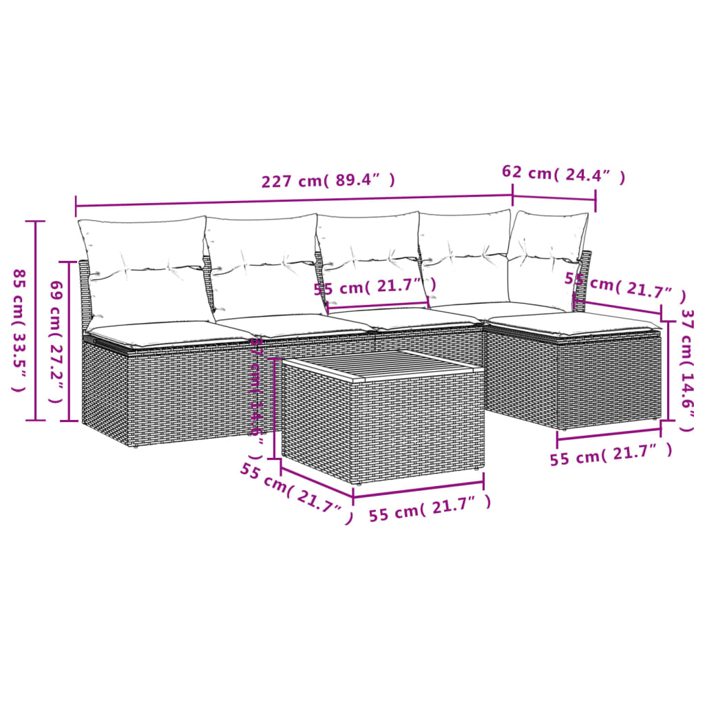 vidaXL 6-delige Loungeset met kussens poly rattan beige afbeelding