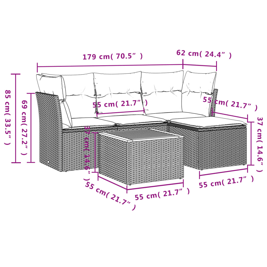 vidaXL 5-delige Loungeset met kussens poly rattan beige afbeelding
