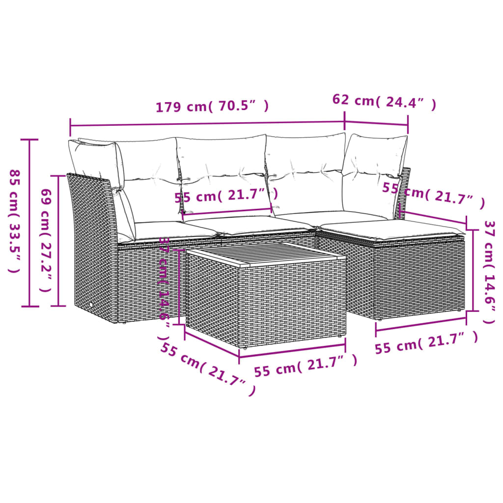 Set canapea de grădină cu perne, 5 piese, gri, poliratan 3223610 - imagine 3