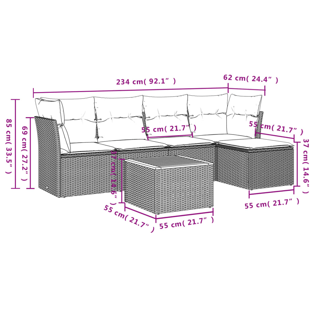 vidaXL 6-delige Loungeset met kussens poly rattan zwart afbeelding