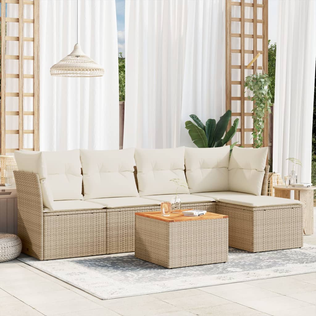 vidaXL 6-tlg. Garten-Sofagarnitur mit Kissen Beige Poly Rattan