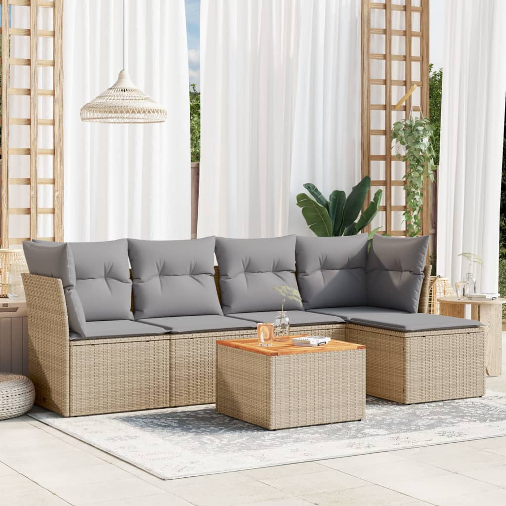 vidaXL 6-tlg. Garten-Sofagarnitur mit Kissen Beige Poly Rattan