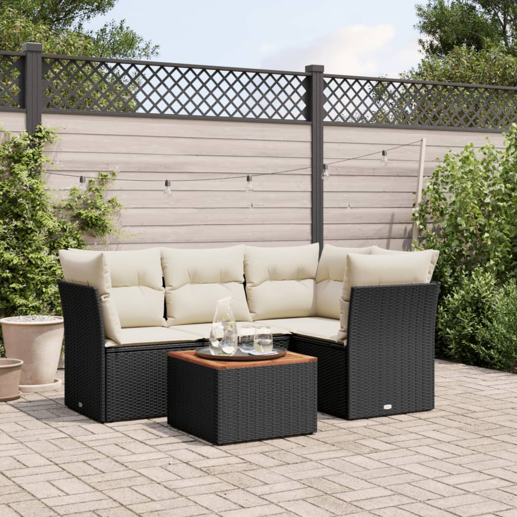 vidaXL 5-tlg. Garten-Sofagarnitur mit Kissen Schwarz Poly Rattan