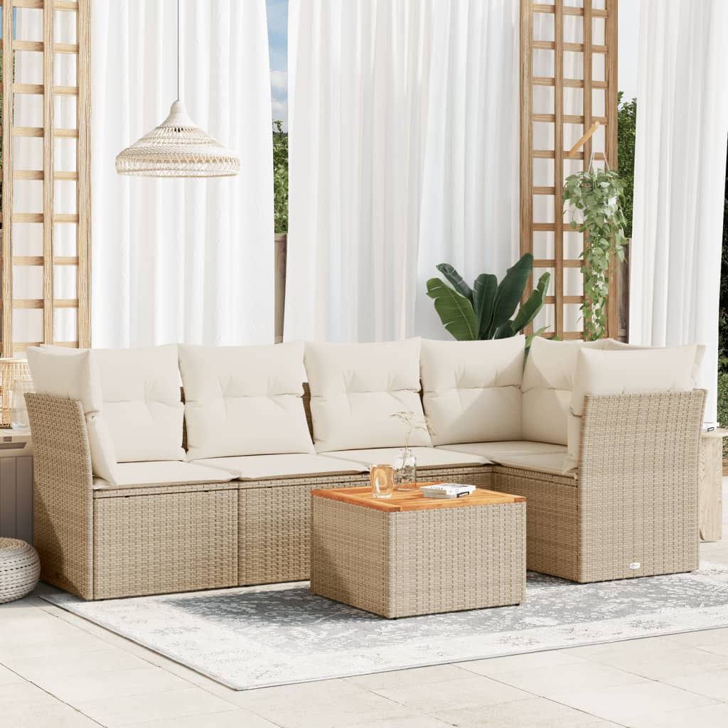 vidaXL 6-tlg. Garten-Sofagarnitur mit Kissen Beige Poly Rattan