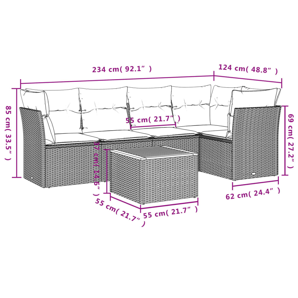 vidaXL 6-delige Loungeset met kussens poly rattan grijs afbeelding