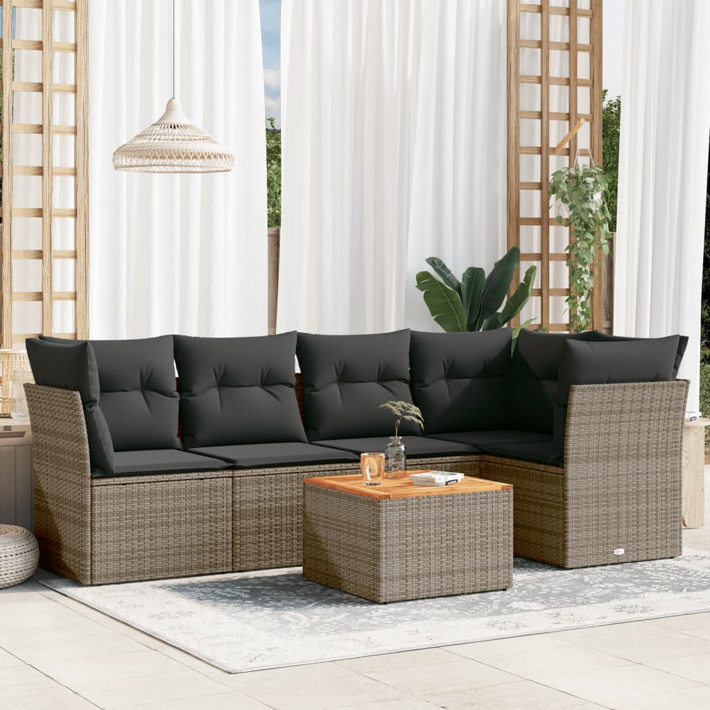 6-tlg. Garten-Sofagarnitur mit Kissen Grau Poly Rattan