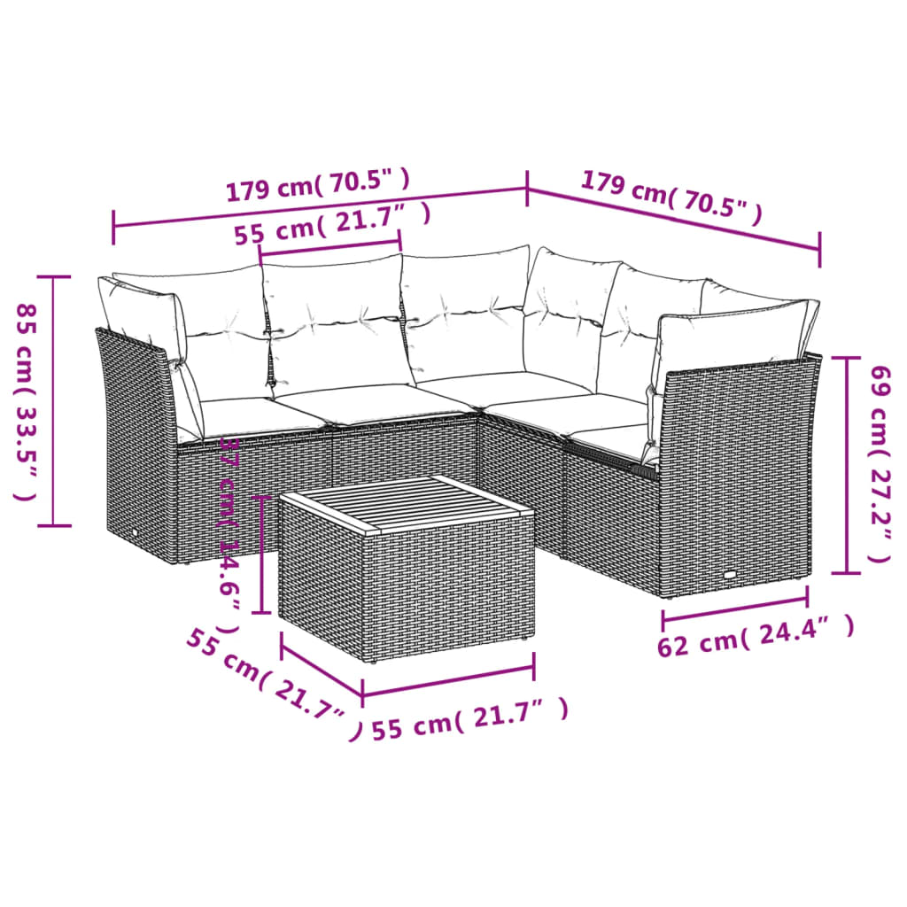 vidaXL 6-delige Loungeset met kussens poly rattan zwart afbeelding