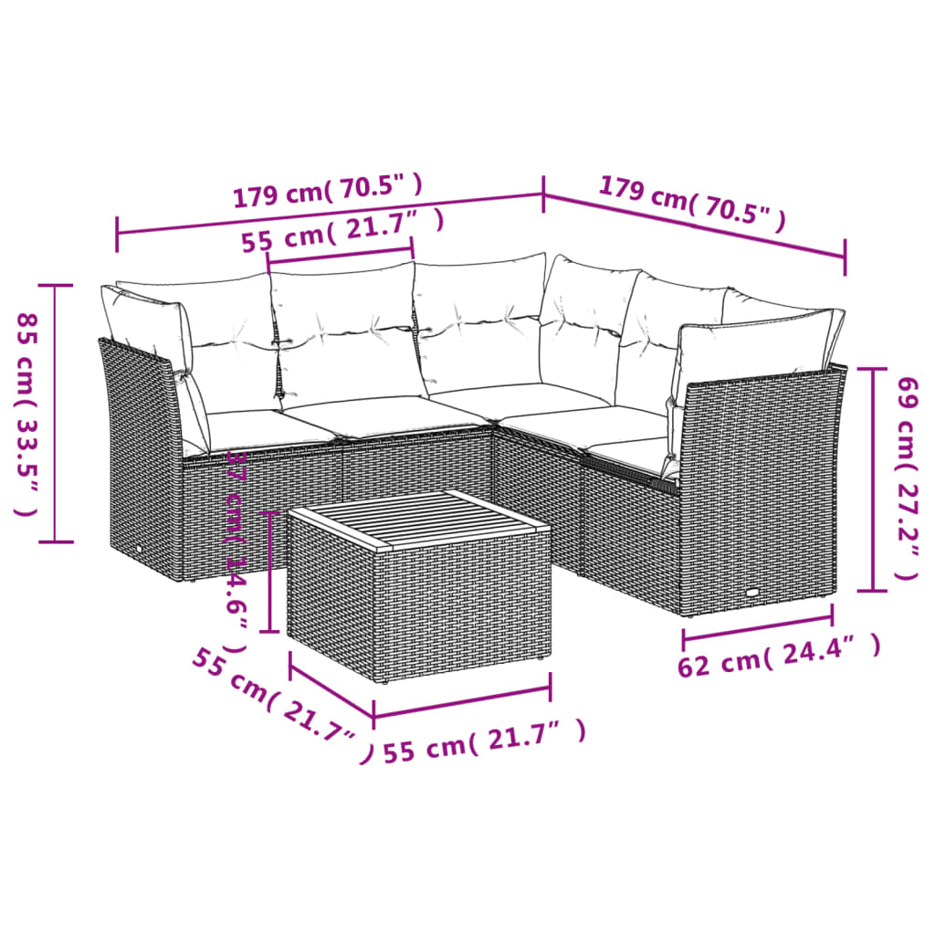 Set mobilier grădină cu perne, 6 piese, gri, poliratan 3223638 - imagine 3