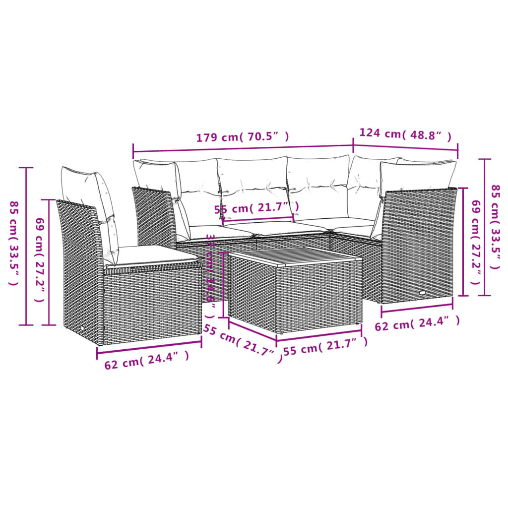 vidaXL 6-delige Loungeset met kussens poly rattan beige