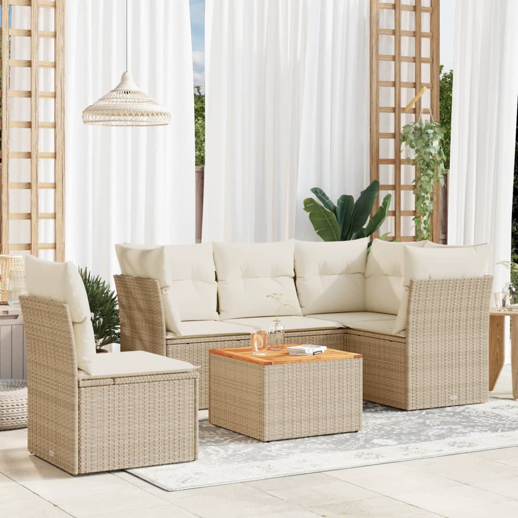 vidaXL 6-tlg. Garten-Sofagarnitur mit Kissen Beige Poly Rattan