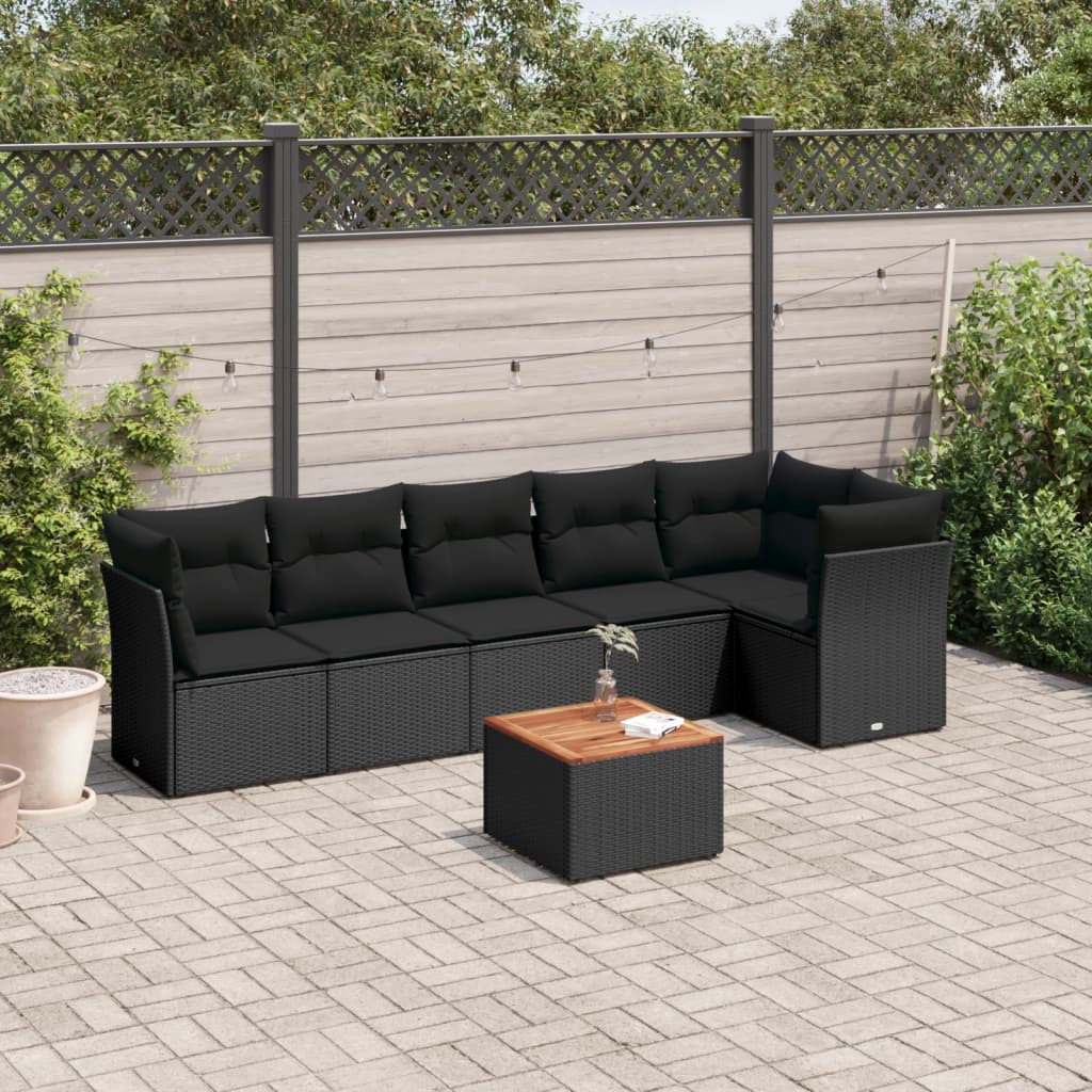 7-tlg. Garten-Sofagarnitur mit Kissen Schwarz Poly Rattan