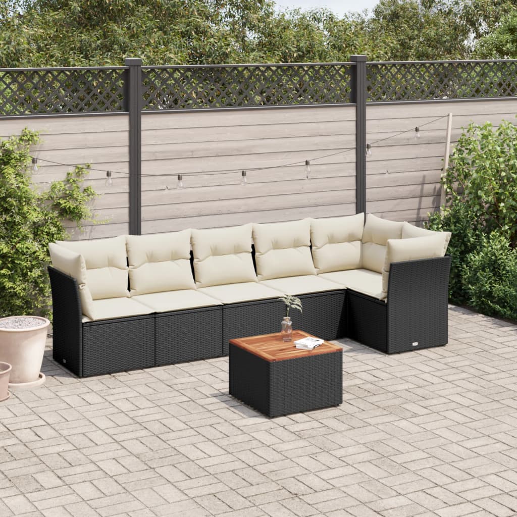 7-tlg. Garten-Sofagarnitur mit Kissen Schwarz Poly Rattan