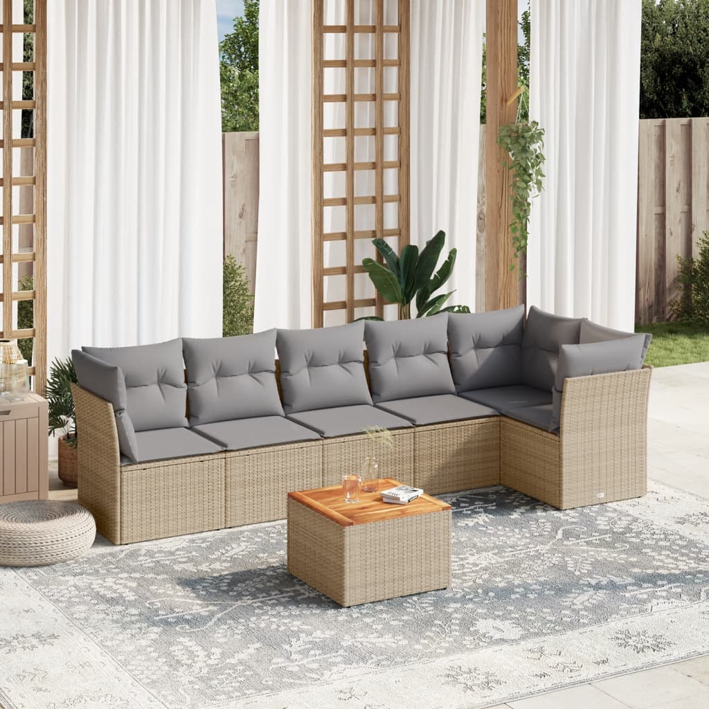 vidaXL 7-tlg. Garten-Sofagarnitur mit Kissen Beige Poly Rattan