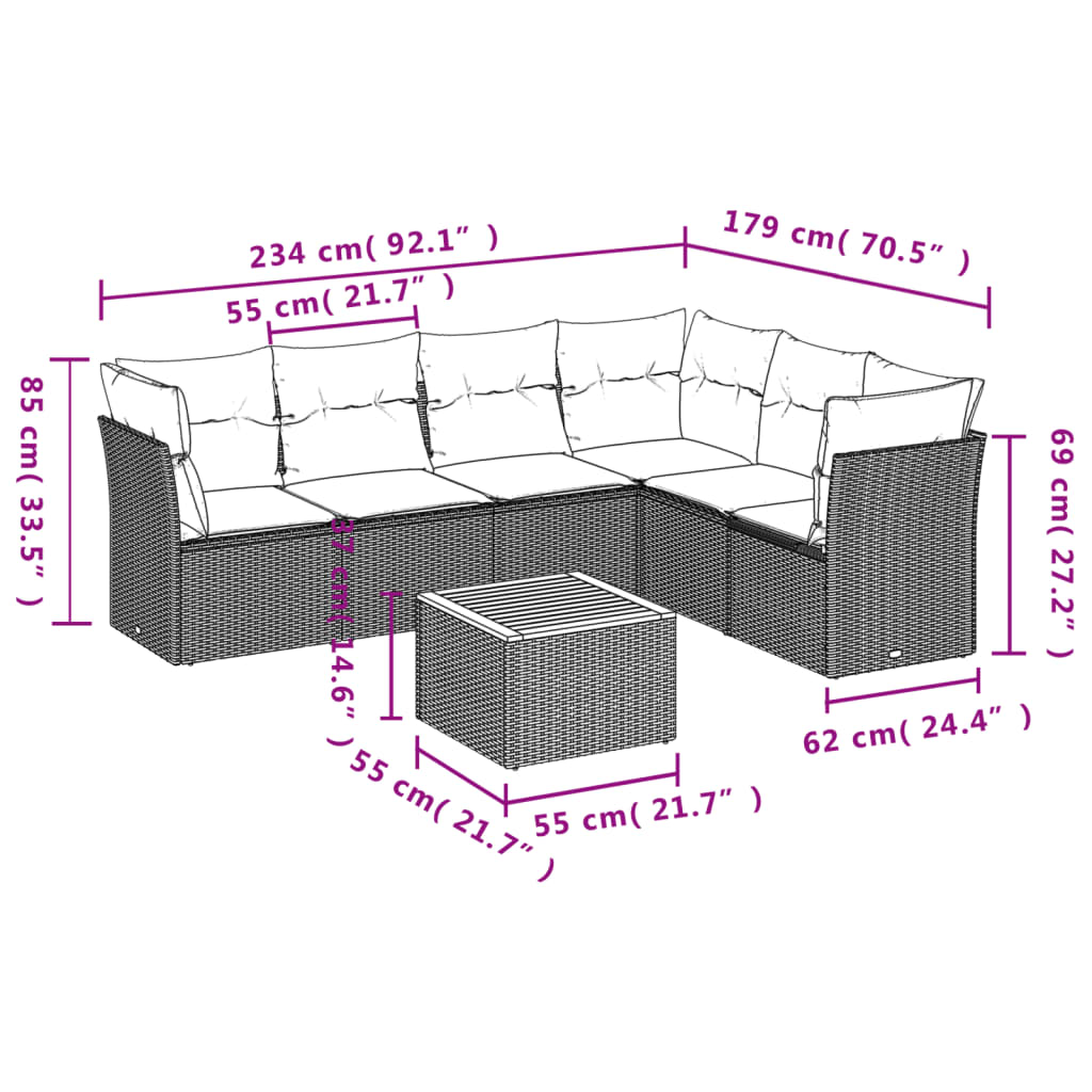 vidaXL 7-delige Loungeset met kussens poly rattan beige