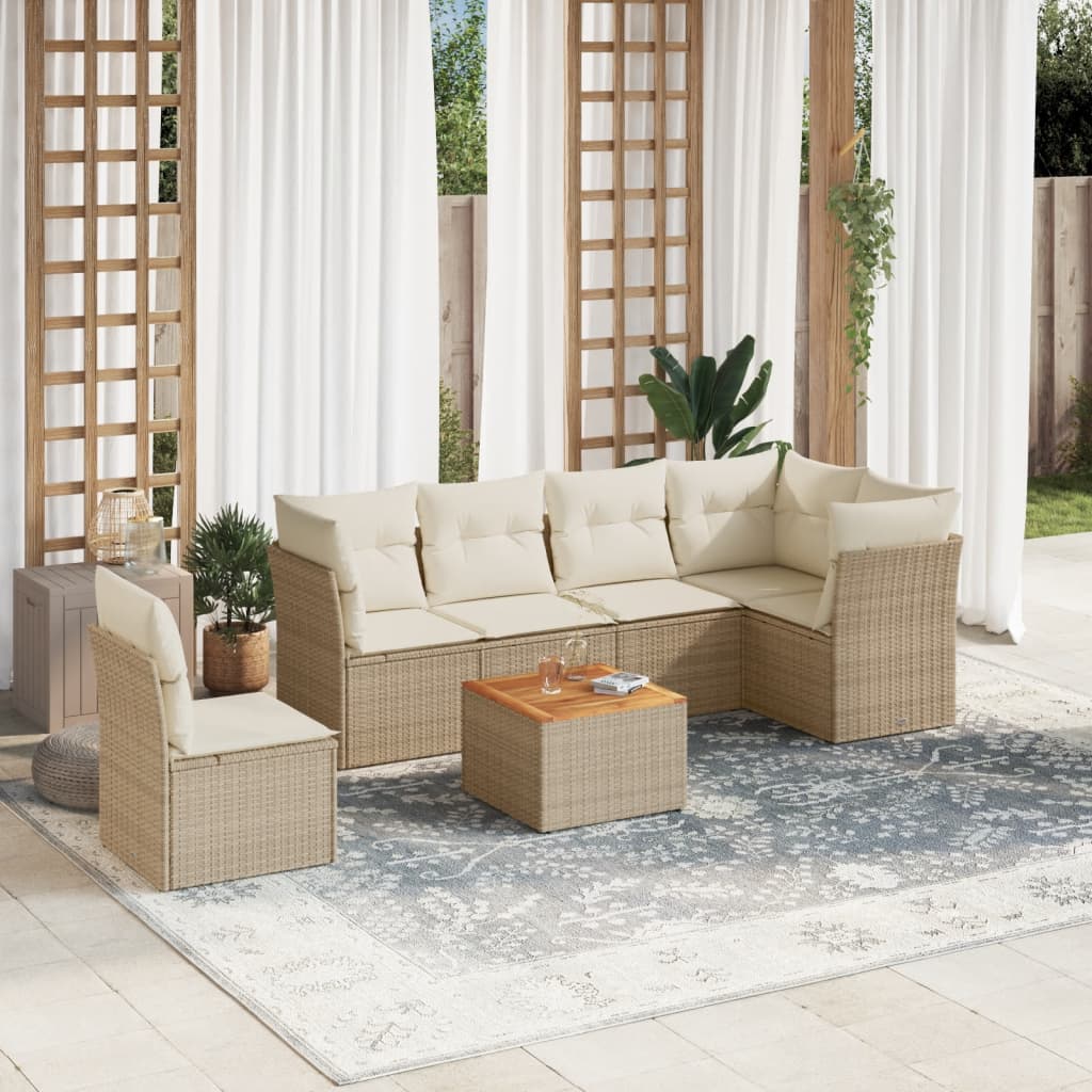 vidaXL 7-tlg. Garten-Sofagarnitur mit Kissen Beige Poly Rattan