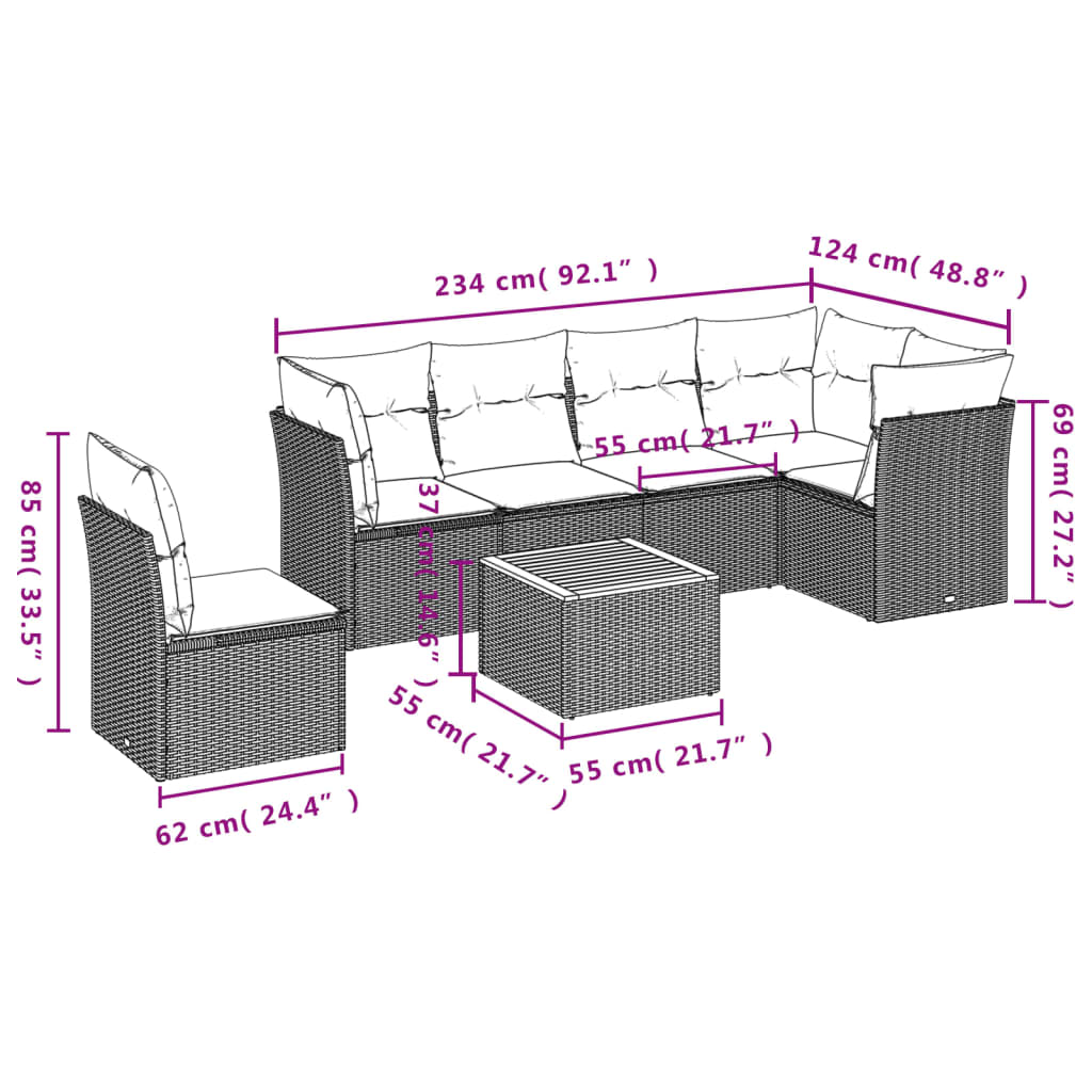 vidaXL 7-delige Loungeset met kussens poly rattan beige