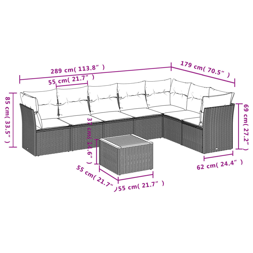 vidaXL 8-delige Loungeset met kussens poly rattan beige afbeelding