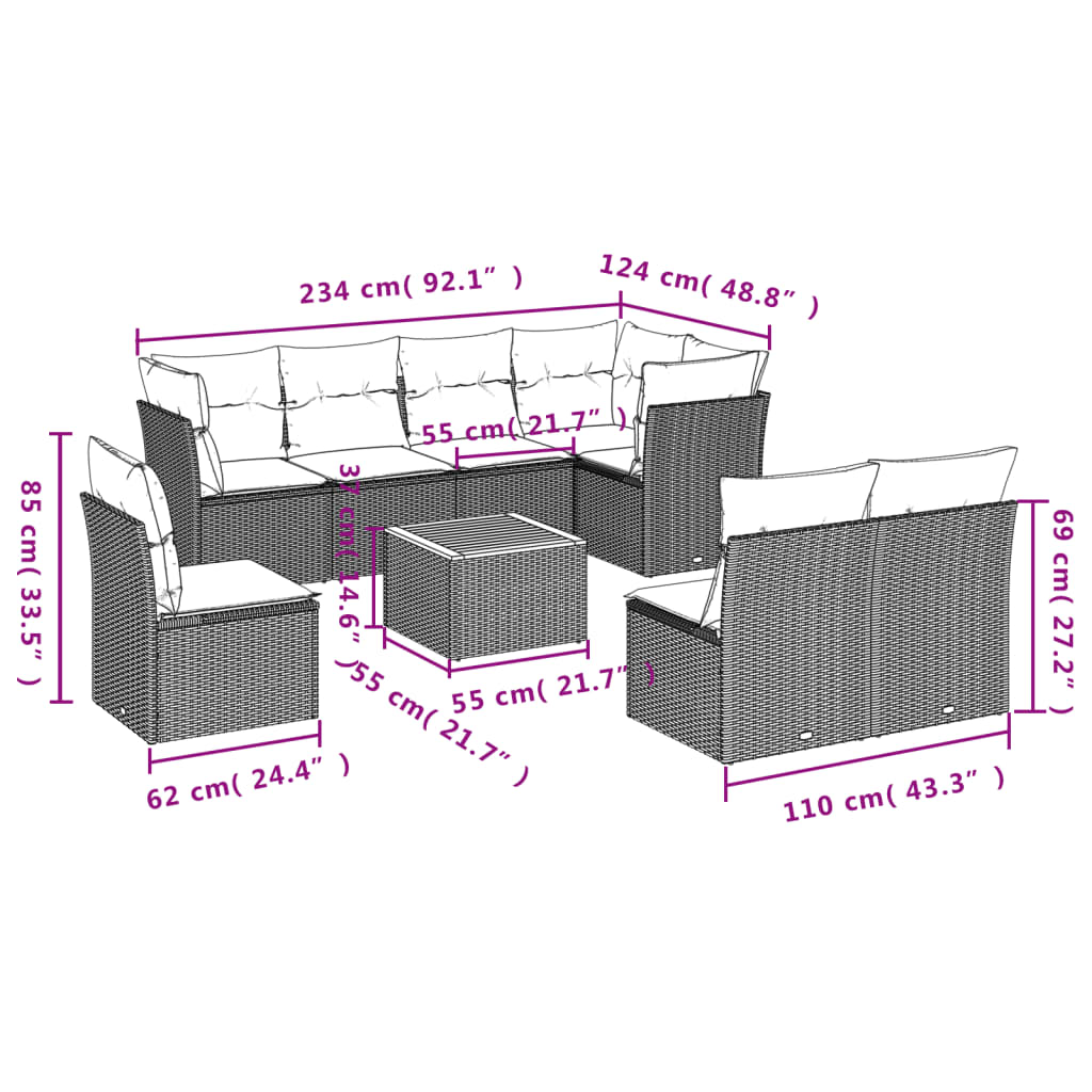 Set mobilier de grădină cu perne, 9 piese, negru, poliratan 3223682 - imagine 3