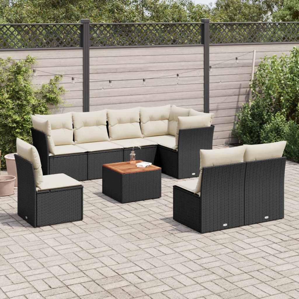 9-tlg. Garten-Sofagarnitur mit Kissen Schwarz Poly Rattan