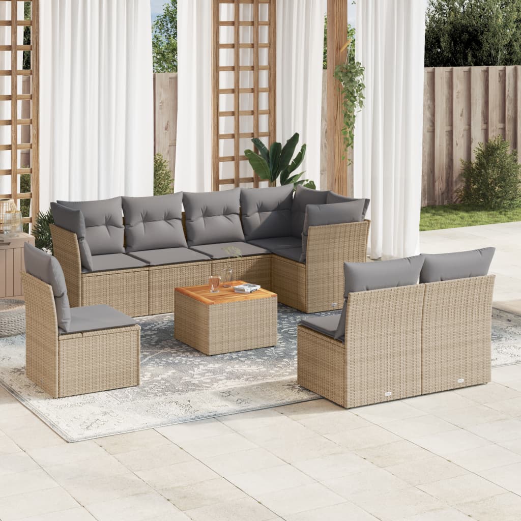 vidaXL 9-tlg. Garten-Sofagarnitur mit Kissen Beige Poly Rattan