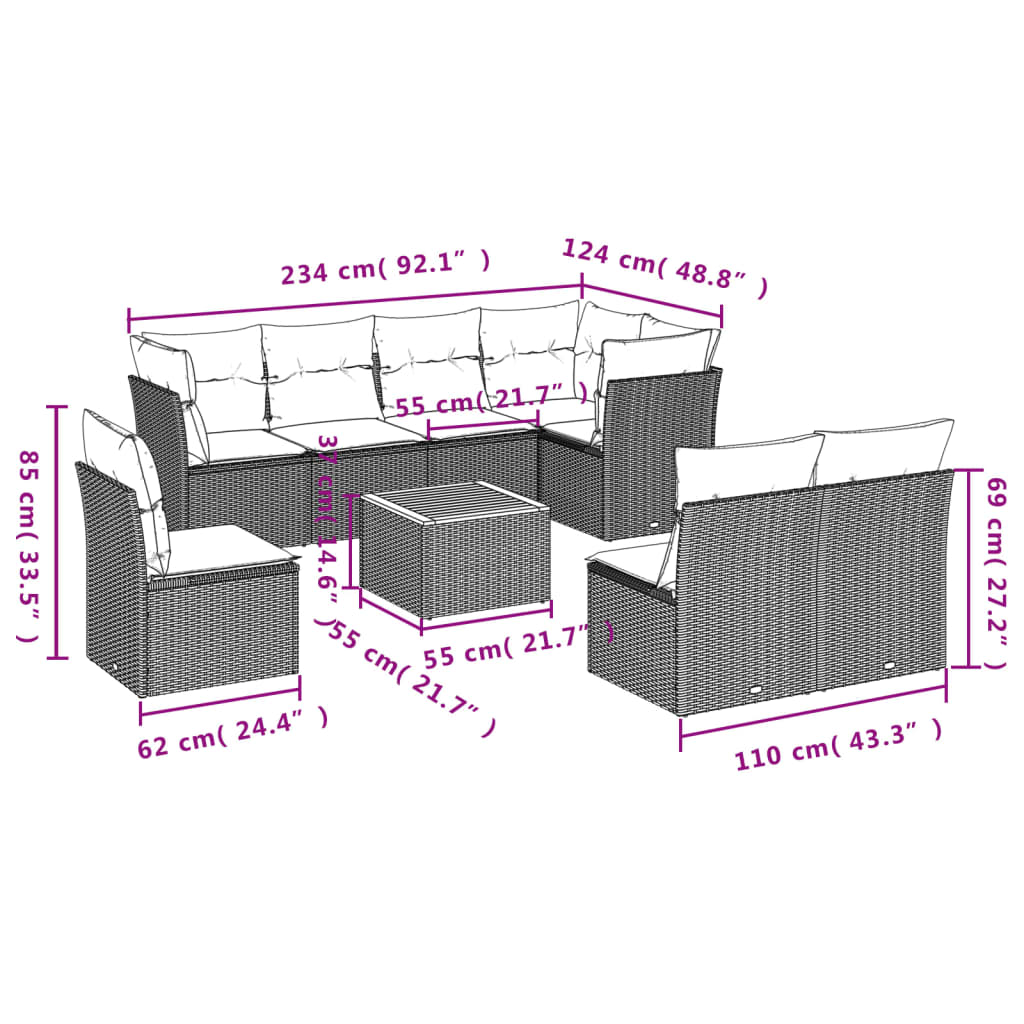 Set canapele de grădină, 9 piese, cu perne, gri, poliratan 3223687 - imagine 3