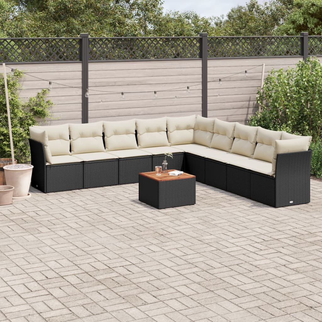 vidaXL 10-tlg. Garten-Sofagarnitur mit Kissen Schwarz Poly Rattan