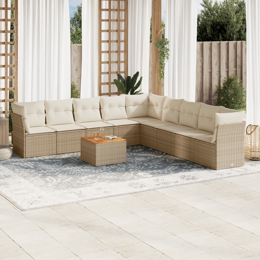 vidaXL 10-tlg. Garten-Sofagarnitur mit Kissen Beige Poly Rattan