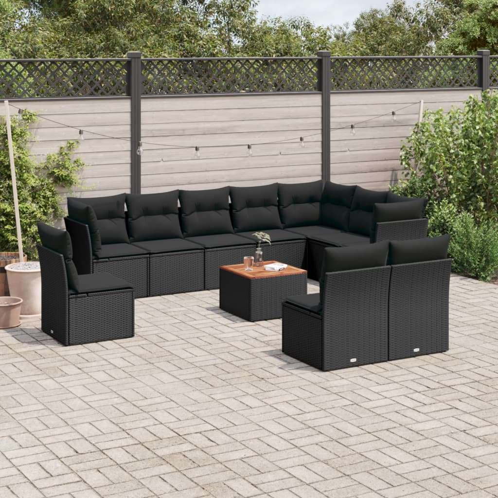 vidaXL 11-tlg. Garten-Sofagarnitur mit Kissen Schwarz Poly Rattan