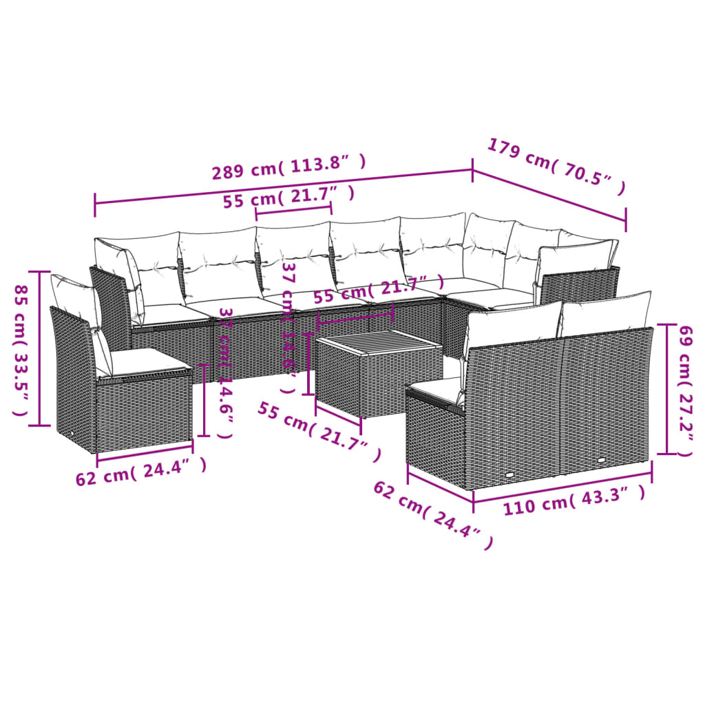 Set canapele de grădină cu perne, 11 piese, bej, poliratan 3223700 - imagine 3