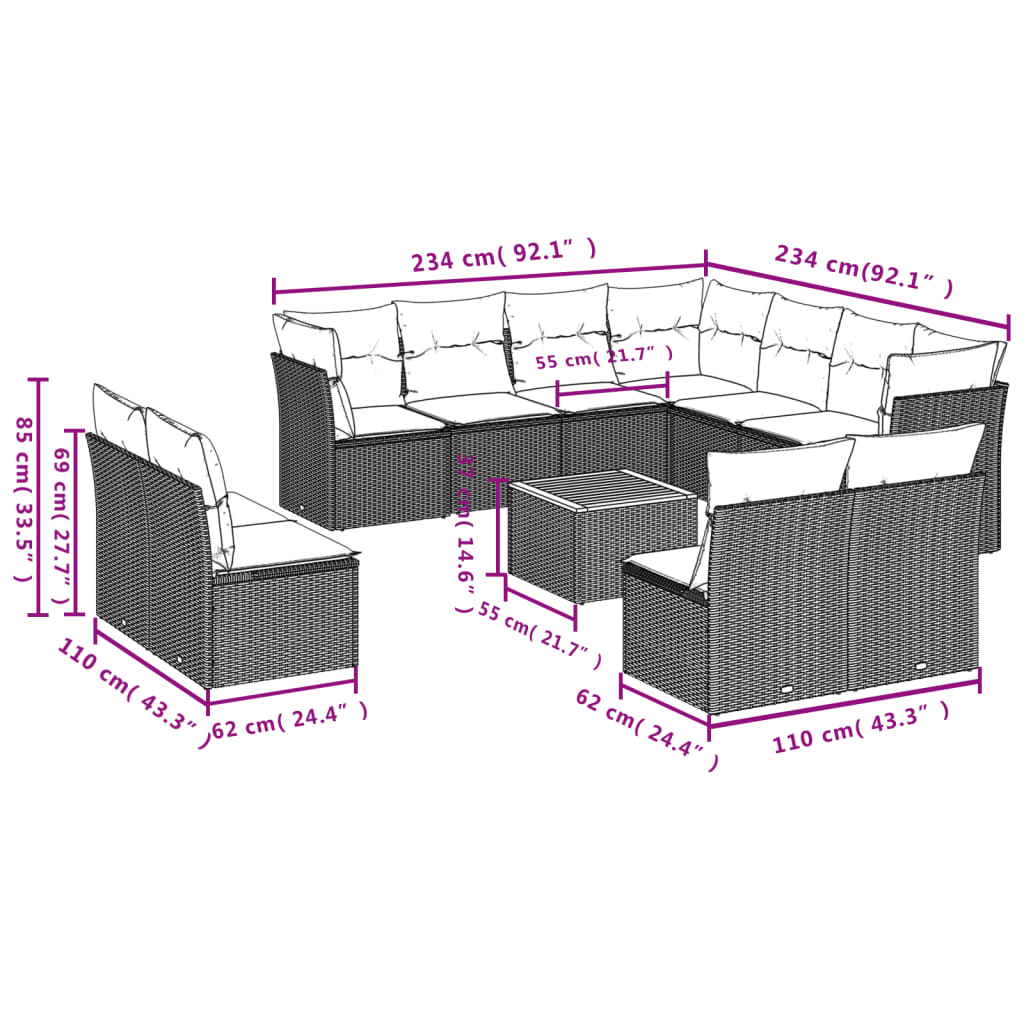 Set canapele de grădină, 12 piese, cu perne, negru, poliratan 3223704 - imagine 3