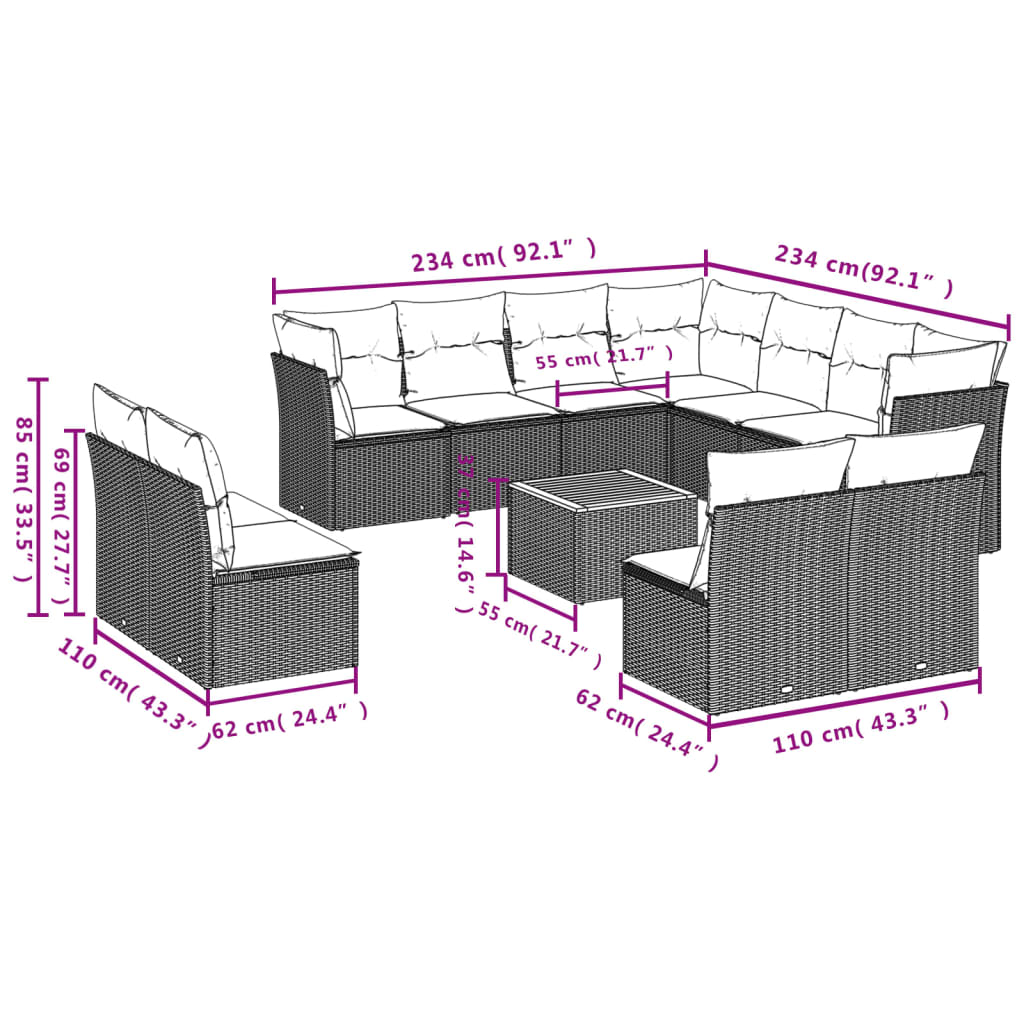 Set canapele de grădină cu perne, 12 piese, bej, poliratan 3223707 - imagine 3