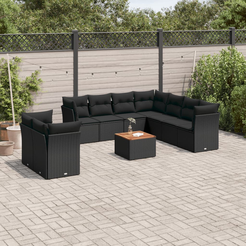 vidaXL 10-tlg. Garten-Sofagarnitur mit Kissen Schwarz Poly Rattan