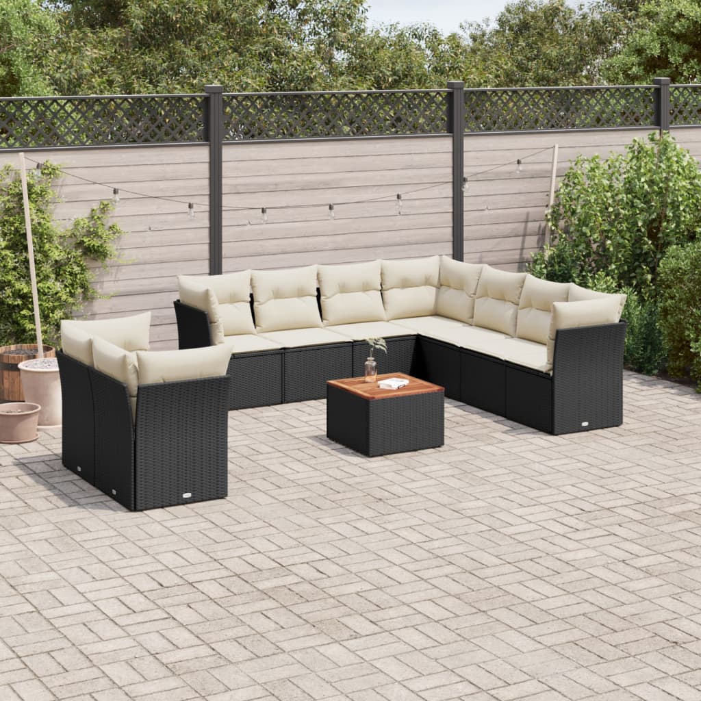 vidaXL 10-tlg. Garten-Sofagarnitur mit Kissen Schwarz Poly Rattan