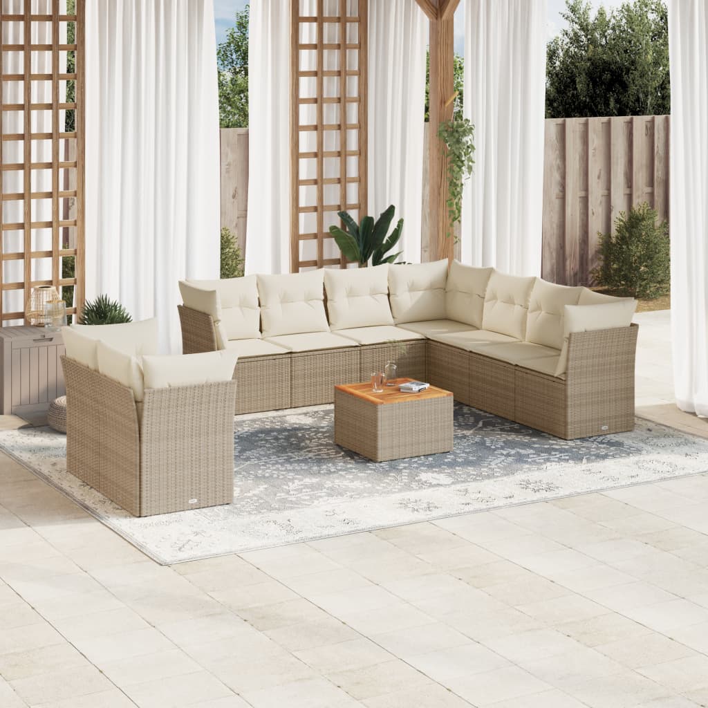 vidaXL 10-tlg. Garten-Sofagarnitur mit Kissen Beige Poly Rattan