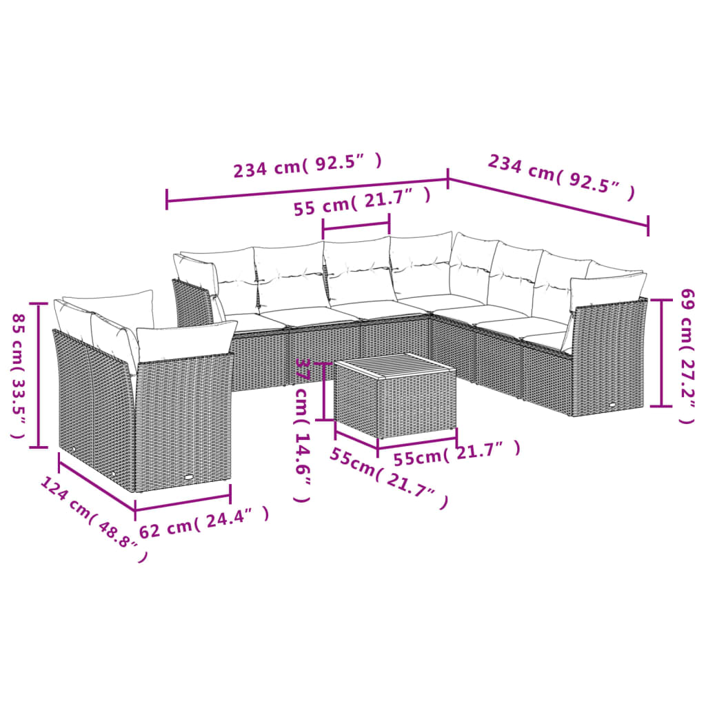 Set mobilier de grădină cu perne, 10 piese, gri, poliratan 3223715 - imagine 3