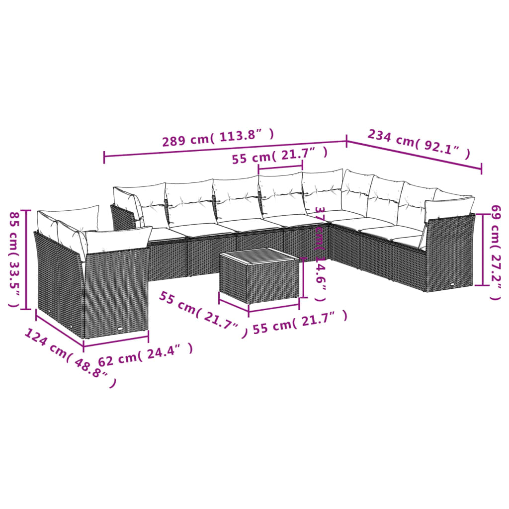 Set canapele de grădină cu perne, 11 piese, negru, poliratan 3223718 - imagine 3
