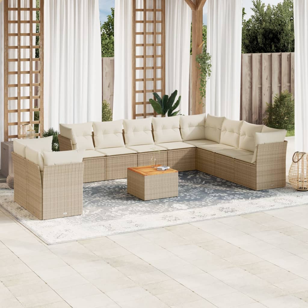 vidaXL 11-tlg. Garten-Sofagarnitur mit Kissen Beige Poly Rattan