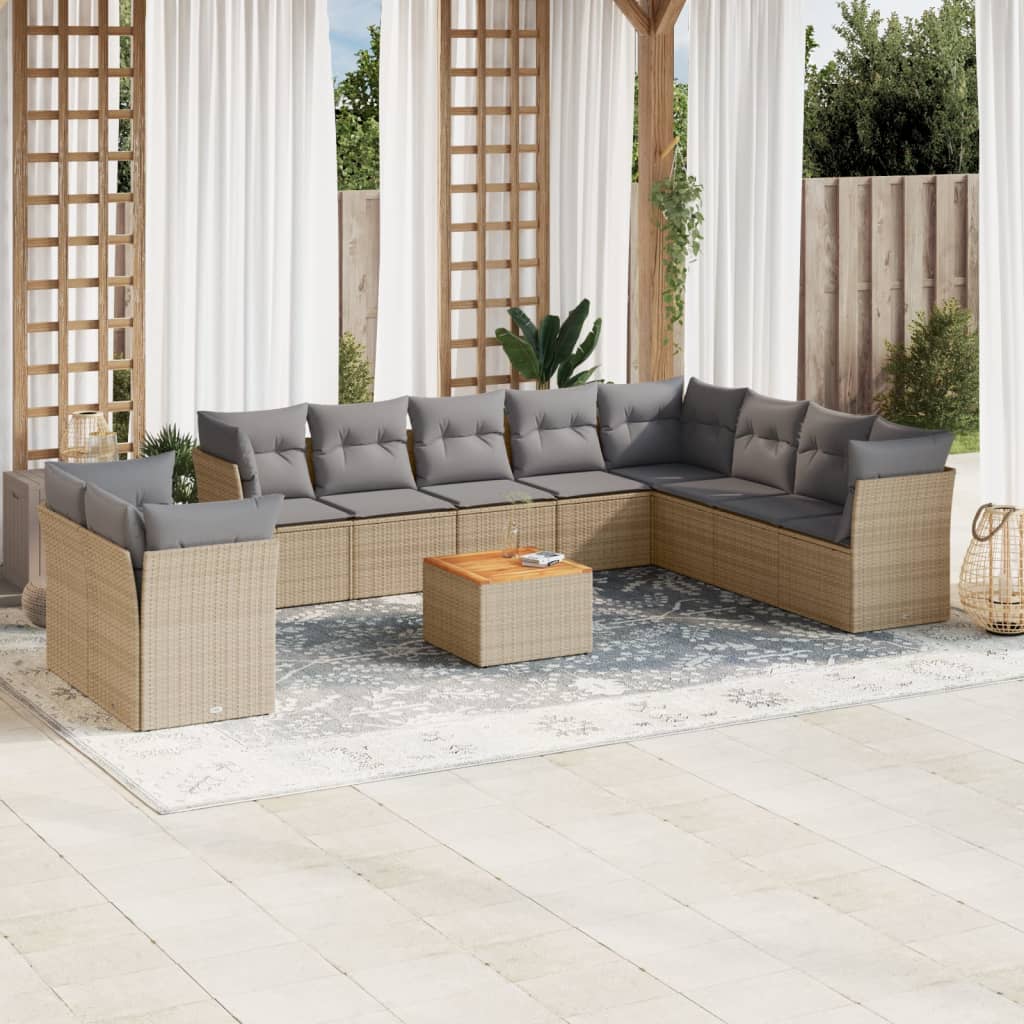 vidaXL 11-tlg. Garten-Sofagarnitur mit Kissen Beige Poly Rattan