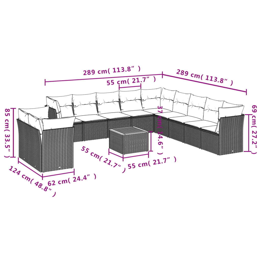 Set canapele de grădină, 12 piese, cu perne, negru, poliratan 3223725 - imagine 3