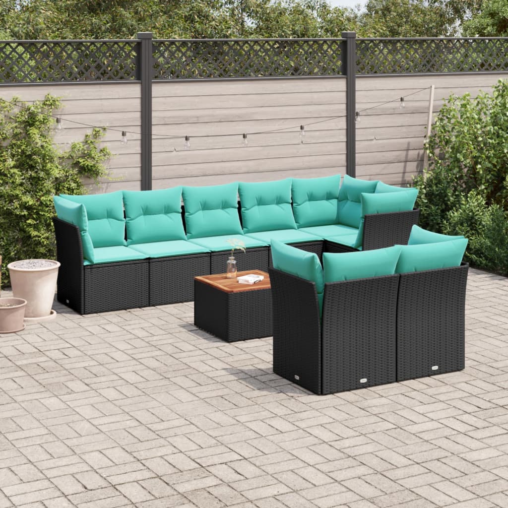 9 pcs conjunto de sofás p/ jardim c/ almofadões vime PE preto