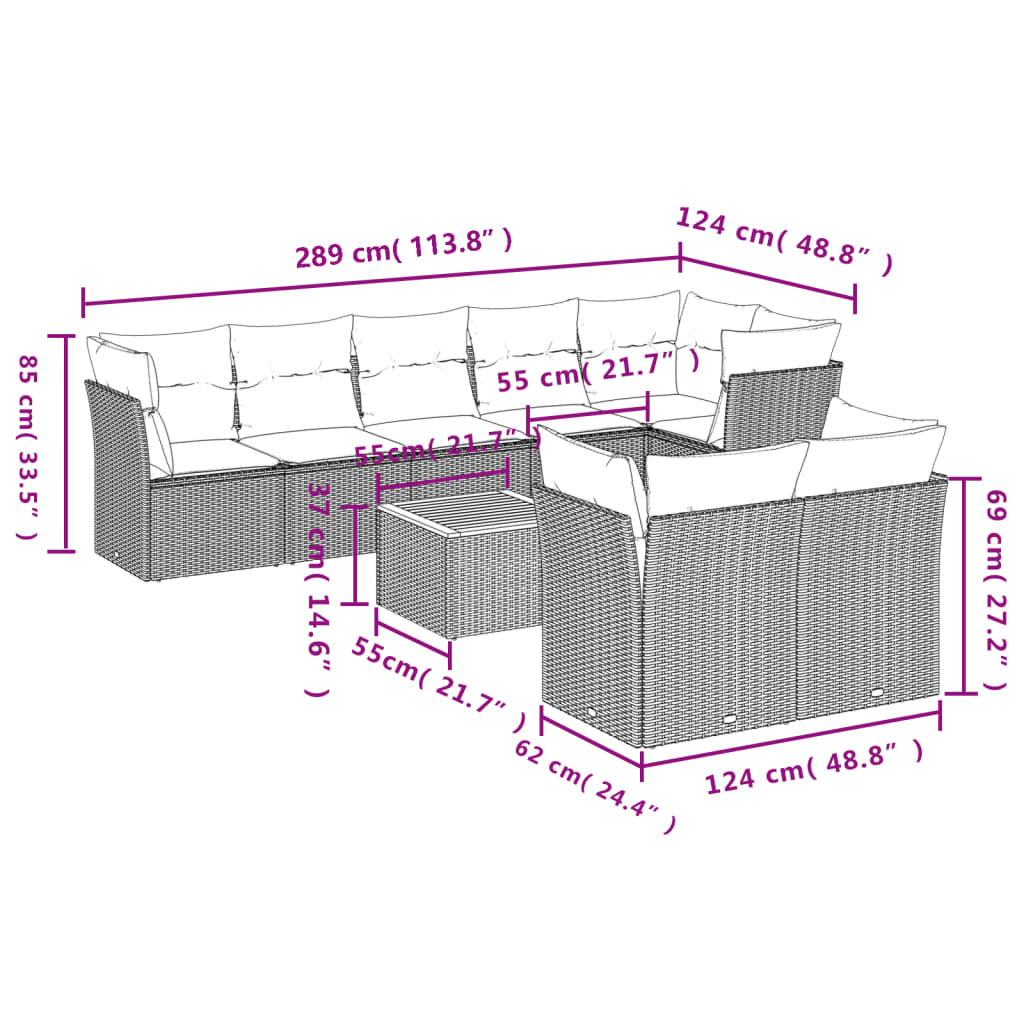vidaXL 9-delige Loungeset met kussens poly rattan beige afbeelding