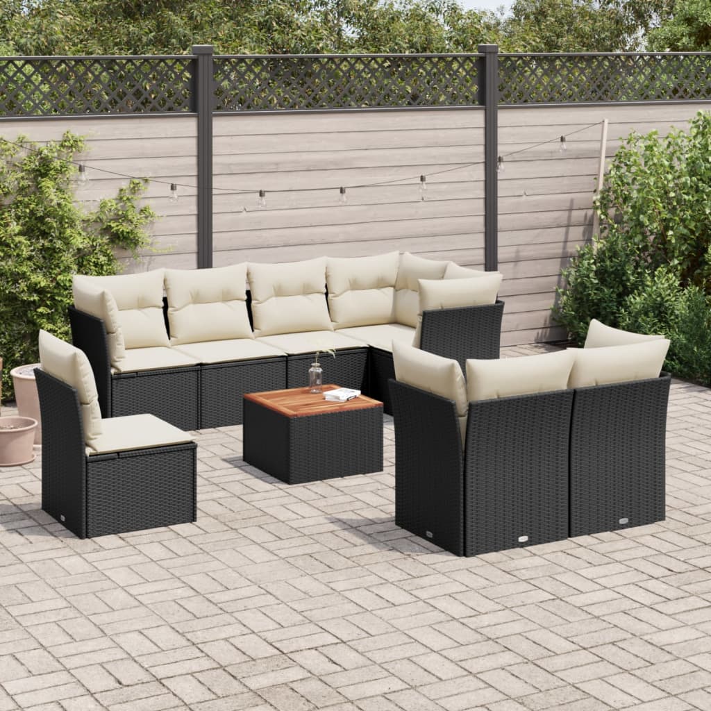 vidaXL 9-tlg. Garten-Sofagarnitur mit Kissen Schwarz Poly Rattan